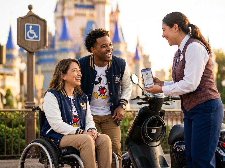 Wheelchair user and companion at Walt Disney World entrance with Cast Member showing a DAS return time on a smartphone, ECV parked nearby, castle landmark in background