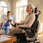 Senior in a power wheelchair at home with Medicare card and clinician reviewing mobility measurements on a tablet