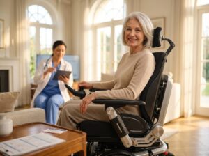 Senior in a power wheelchair at home with Medicare card and clinician reviewing mobility measurements on a tablet