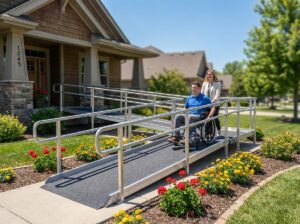 Residential front entrance with compliant wheelchair ramp, handrails, landing and a person in a wheelchair using the ramp