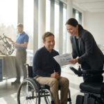 Patient in wheelchair consulting with clinician and DME supplier reviewing Medicare paperwork and wheelchair options