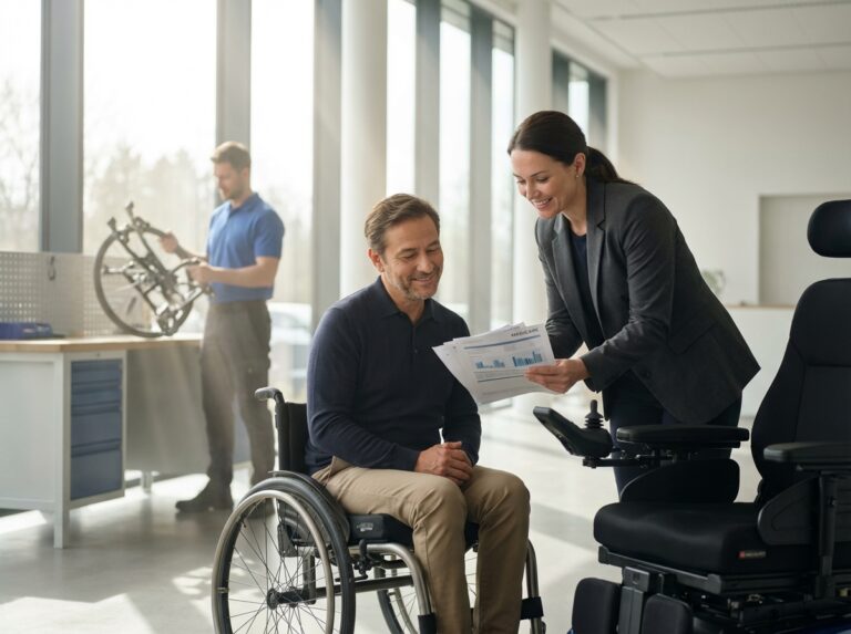 Patient in wheelchair consulting with clinician and DME supplier reviewing Medicare paperwork and wheelchair options