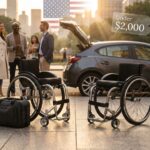 Two ultralight manual wheelchairs near a car trunk with an Under $2,000 price tag graphic, urban background