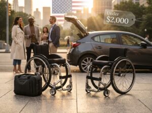 Two ultralight manual wheelchairs near a car trunk with an Under $2,000 price tag graphic, urban background