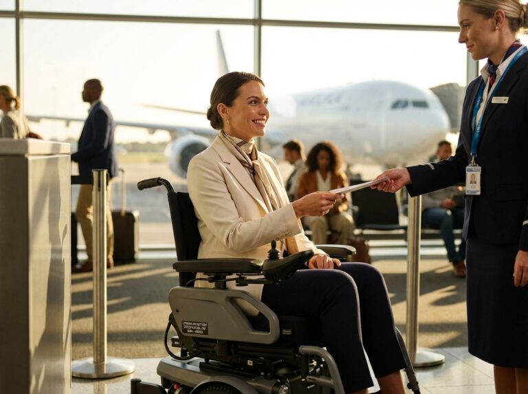 Traveler in a power wheelchair at an airport gate receiving confirmation from an airline agent; airplane visible through window.