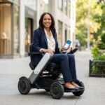 Person using a WHILL Model C2 on an accessible US city sidewalk with smartphone app visible, showing compact modern personal mobility device