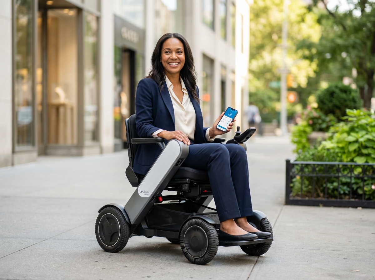 Person using a WHILL Model C2 on an accessible US city sidewalk with smartphone app visible, showing compact modern personal mobility device