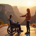 Wheelchair user in a power wheelchair on an accessible paved overlook with a companion, scenic national park vista at golden hour, ramp and accessible features visible