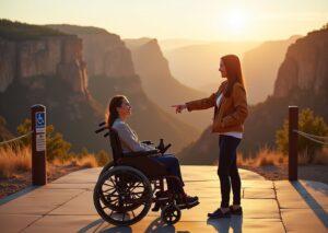 Wheelchair user in a power wheelchair on an accessible paved overlook with a companion, scenic national park vista at golden hour, ramp and accessible features visible