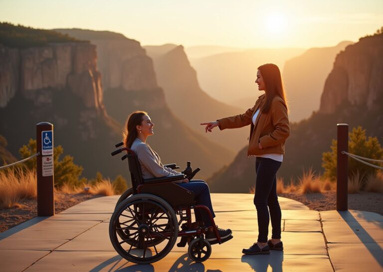 Wheelchair user in a power wheelchair on an accessible paved overlook with a companion, scenic national park vista at golden hour, ramp and accessible features visible