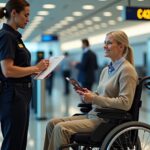 Traveler in a wheelchair receiving assistance from an airport security agent at a checkpoint, wheelchair battery pack visible, calm airport terminal in background