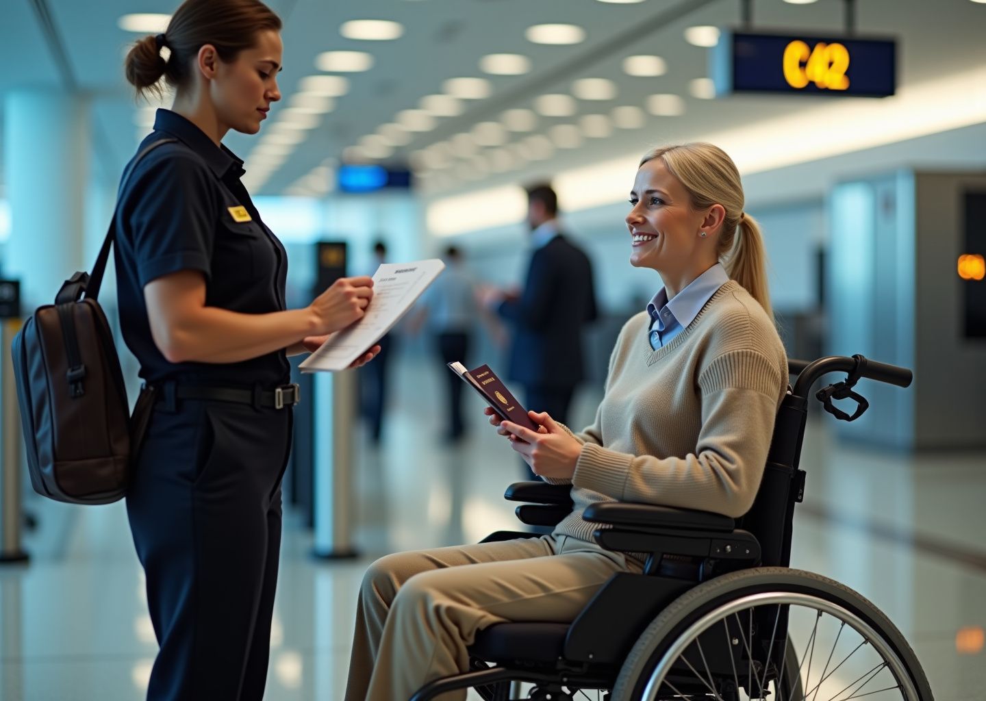 Traveler in a wheelchair receiving assistance from an airport security agent at a checkpoint, wheelchair battery pack visible, calm airport terminal in background