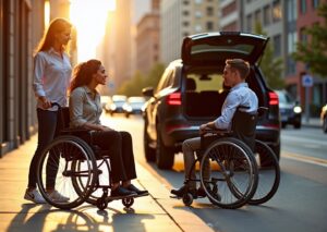 Side-by-side rigid ultralight wheelchair and folding wheelchair being used and loaded into a car in an urban US setting showcasing frame differences and transport use
