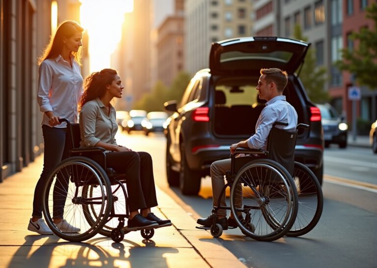 Side-by-side rigid ultralight wheelchair and folding wheelchair being used and loaded into a car in an urban US setting showcasing frame differences and transport use
