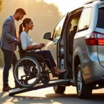 Person in wheelchair boarding an accessible van via a ramp with caregiver assisting, showing independence and mobility.