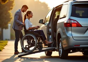 Person in wheelchair boarding an accessible van via a ramp with caregiver assisting, showing independence and mobility.