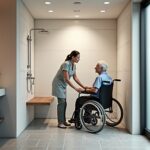 Modern accessible bathroom showing a curbless roll-in shower, wall seat and transfer bench with a wheelchair positioned for transfer