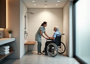 Modern accessible bathroom showing a curbless roll-in shower, wall seat and transfer bench with a wheelchair positioned for transfer