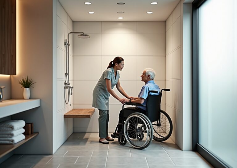 Modern accessible bathroom showing a curbless roll-in shower, wall seat and transfer bench with a wheelchair positioned for transfer
