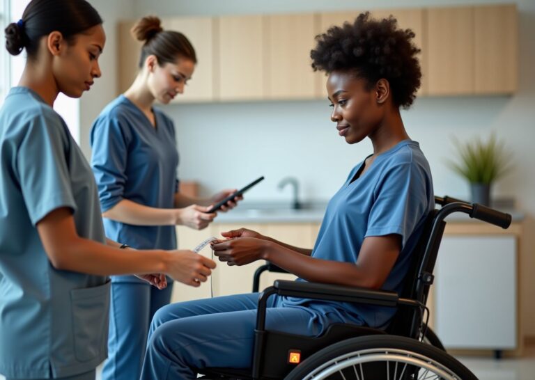 Clinician measuring a seated adult in a wheelchair with a tape measure across the hips to determine seat width while another clinician records measurements on a tablet in a clinical seating clinic