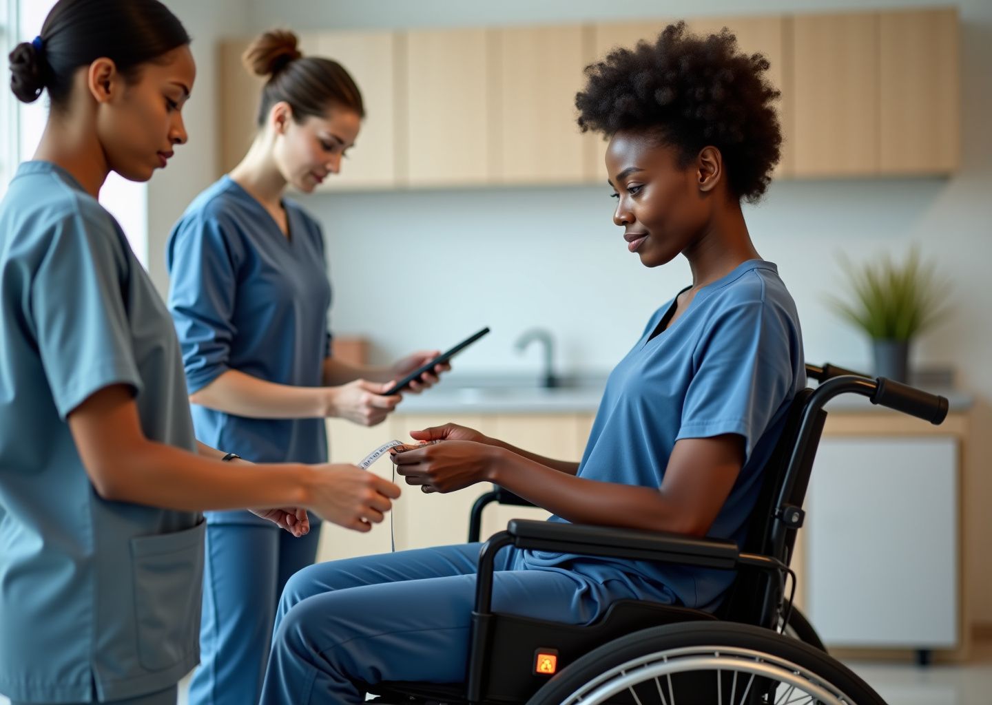 Clinician measuring a seated adult in a wheelchair with a tape measure across the hips to determine seat width while another clinician records measurements on a tablet in a clinical seating clinic