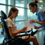 Traveler in a power wheelchair at an airport gate while an airline agent and technician check and remove the battery before boarding