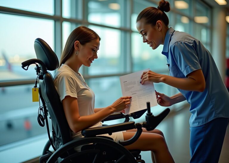 Traveler in a power wheelchair at an airport gate while an airline agent and technician check and remove the battery before boarding